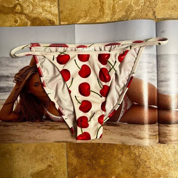 OndadeMar Swim Red Cherries High Thigh String Bikini Swim Bottoms Size 6 - Picture 1 of 9